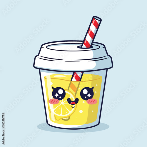 A cartoon image of a cute drink with a lemon slice and a striped straw, in a transparent cup with a lid on a light blue background