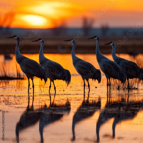 Cranes dance at sunset in serene wetland beauty