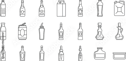 Bottle Outline Icon Collection with Beverage Carton Liquor and Dropper Containers Minimal Line Art Packaging Set