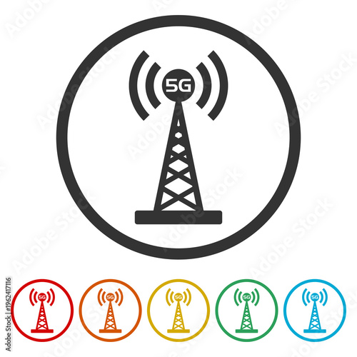 5G antenna tower transmitter icon. Set icons in color circle buttons