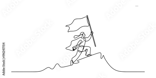 A continuous line drawing of a heroic person holding a flag on top of a mountain peak.