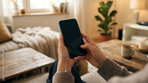 Person holding smartphone with black screen in living room