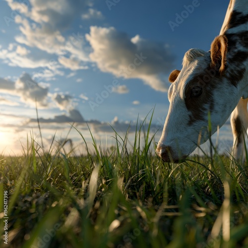 Cow grazing under a vibrant sunset sky