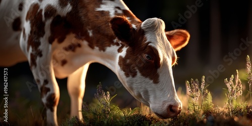 Cow grazing peacefully in a sunlit meadow at dusk