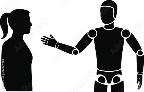 Silhouette of a human woman facing a robotic humanoid figure with an outstretched hand in a gesture of communication or greeting against a white background