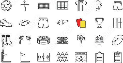 This collection of outline icons features diverse football and soccer objects such as jerseys, goals, referee gear, stadium lights, and an American football.