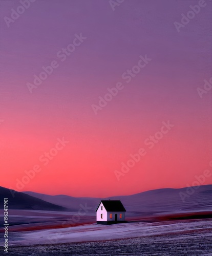 Serene evening glow over a solitary house in the fields