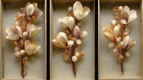 Elegant floral arrangement in shadow boxes showcasing delicate blooms