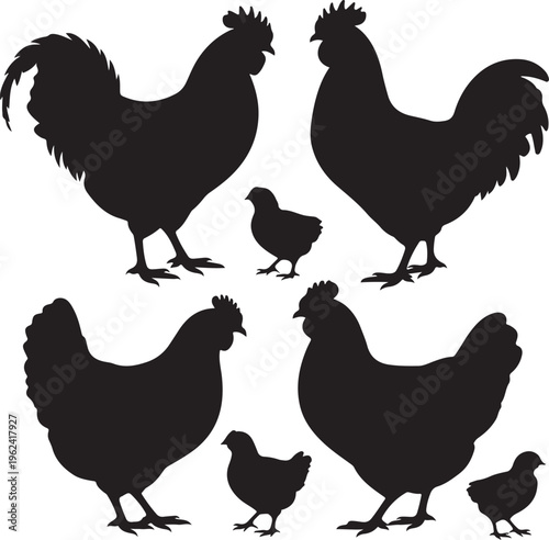 Black silhouettes of farm chickens, roosters, and chicks in various classic poses