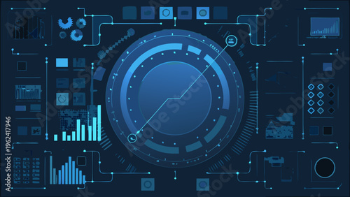 Futuristic interface displaying complex data visualizations and technical schematics