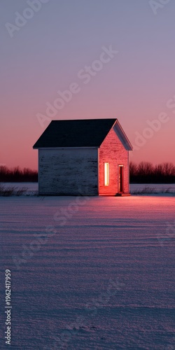Charming white cabin glows at sunset in winter landscape