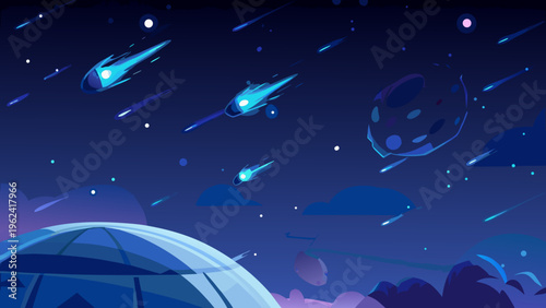 Night sky with shooting stars and a glowing dome tent