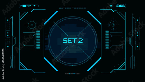 Futuristic user interface with a central targeting reticle and blue glow