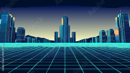 Neon cityscape in a retro style with grid lines and vibrant colors