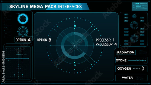 Futuristic interface display with radar processors and environmental readings