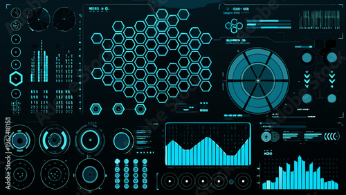 Slika na platnu Futuristic user interface with hexagonal grids and complex data visualizations