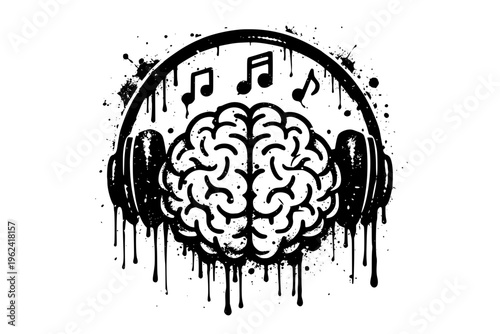 Brain wearing headphones with music notes, creative inspiration concept