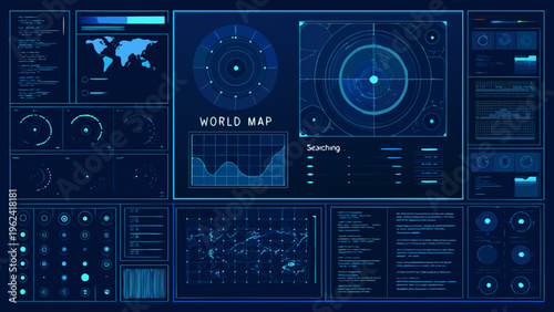 Futuristic blue interface displaying a world map and technical data