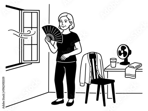 The woman is fanning herself with a hand fan