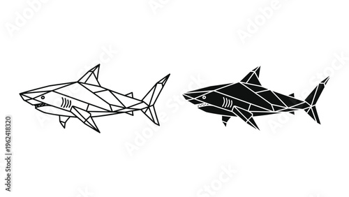 Geometric design of sharks in contrasting styles of line art and solid black shading