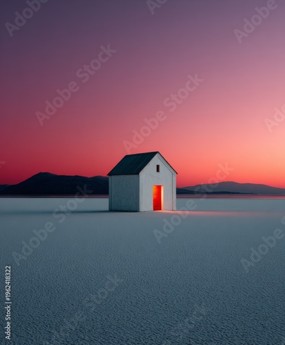 Sunset lights a lone house in a tranquil setting