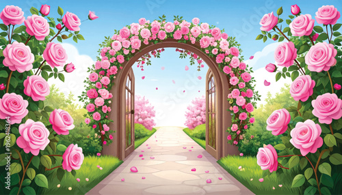 Grand arbor, blooming roses, radiant avenue, fresh morning. Storybook gateway, pastel petals, sunlit promenade. Ceremonial opening, floral passage, charming parkland