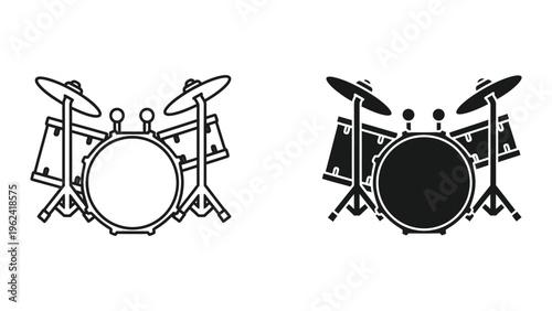 Black and white illustration of a traditional and modern drum set side by side