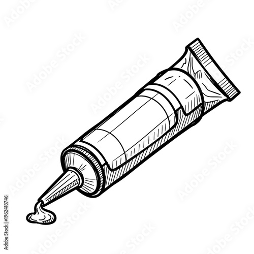 Detailed black and white illustration of a caulk tube isolated on a white background, featuring a realistic depiction with caulk emerging from the nozzle