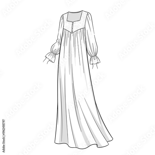 Illustration of a cotton nightgown with long sleeves and flowing design, isolated on a white background