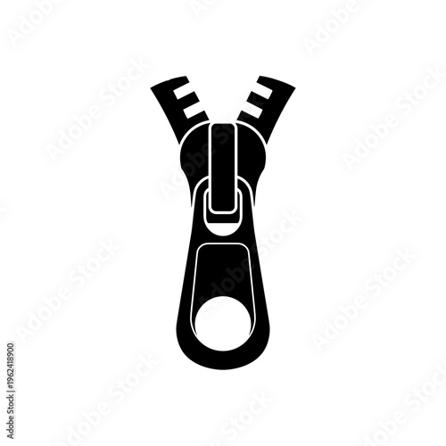 Black zipper puller illustration isolated on a clean white background, showcasing detailed teeth and pull tab design