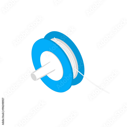 Blue chalk reel with white string isolated on a clean white background, showcasing detailed design and vibrant color contrast