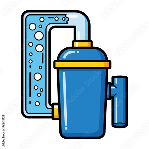 Blue aquarium filter with bubbles, isolated against a clean white background, featuring a modern design with vibrant colors and a sleek shape