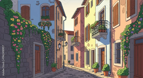 Colorful old town street with balconies, vines, and warm facades. Mediterranean lane framed by flowers, shutters, and curved road. Bright historic passage featuring pastel homes and hanging plants