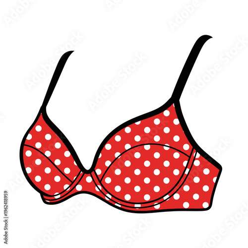 Illustration of a red polka dot underwire bra isolated on a white background, showcasing a playful and vibrant design