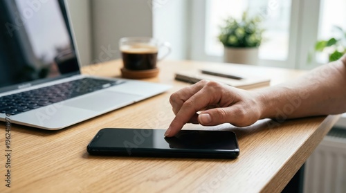 Finger touching smartphone on desk beside laptop