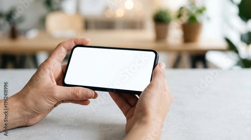 Hands holding smartphone with blank screen in horizontal orientation on table