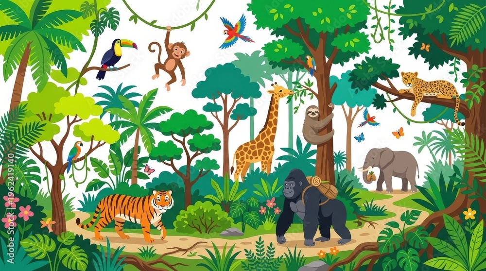Naklejka premium Jungle scene with various animals.