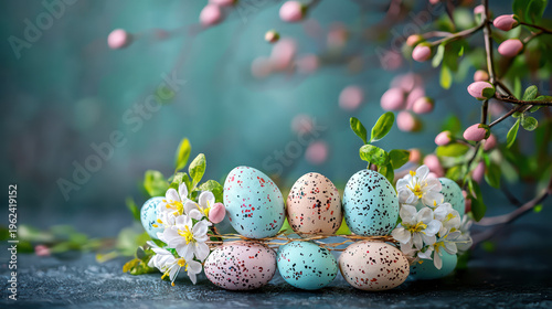 A delightful Easter arrangement features speckled eggs led among delicate white flowers and blossoming branches against a soft, blurred, tranquil background.
