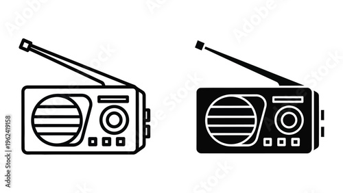 Retro radio receivers in contrasting black and white line art style