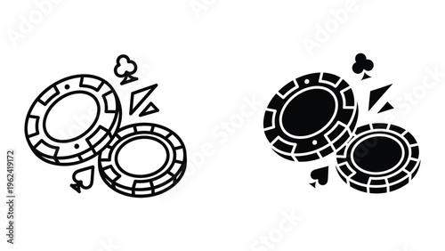 Dynamic poker chips flying with playing card symbols in contrasting colors