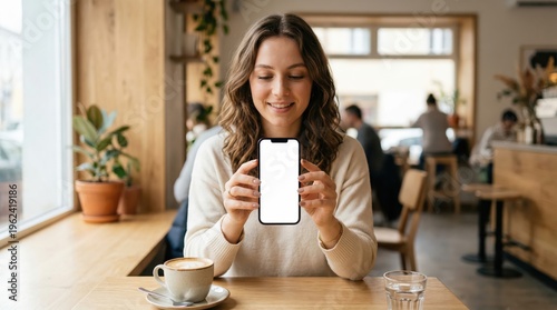 Woman holding smartphone with blank screen at cafe table