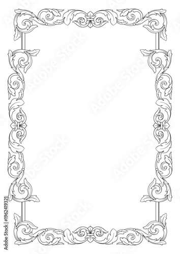 Ornate baroque border frame in black and white, vintage filigree floral ornament, classical victorian decorative swirl element, monochrome antique decorative frame for wedding invitation