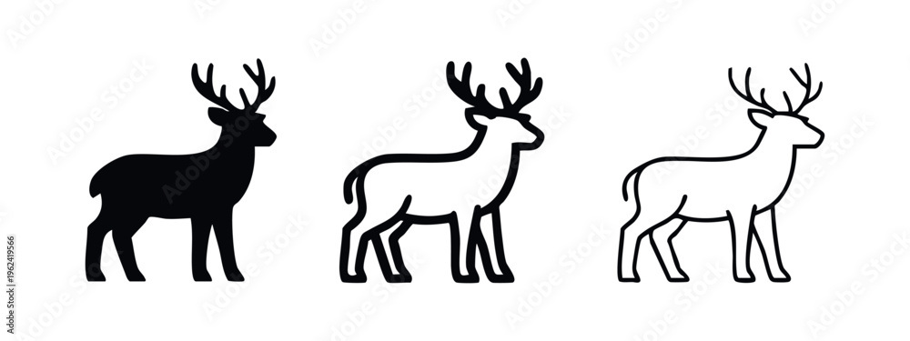 Obraz premium Standing deer with antlers icon set. Stag, buck, or reindeer animal symbols in various styles. Wildlife pictogram.