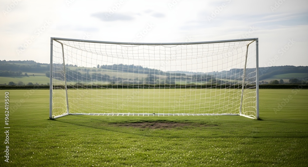 Fototapeta premium Empty soccer goal on a grassy field under a cloudy sky ready for competition