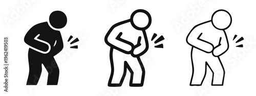 Person with stomach pain icon set. Abdominal discomfort, illness, or digestive problems symbol.