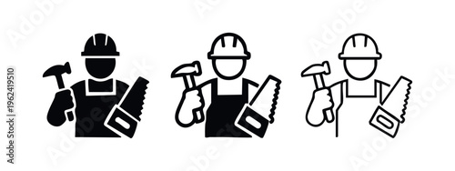 Construction worker bust icon set. Builder, carpenter, or craftsman with tools and apron symbol.