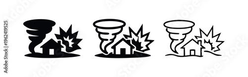 Tornado disaster icon set. House damaged by whirlwind, natural disaster, or extreme weather symbol.