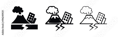 Volcano eruption and earthquake icon set. Natural disaster, geological hazard, or seismic activity symbol.