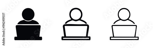 Person working on laptop icon set. User, worker, employee, student avatar at computer. Remote work symbol.