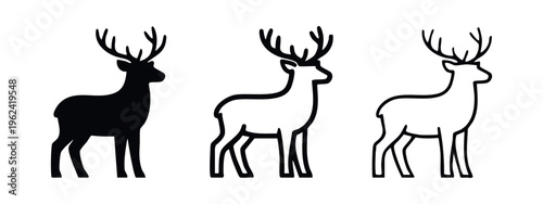 Profile of standing deer with antlers icon set. Stag, buck, or reindeer symbols. Forest animal pictogram.